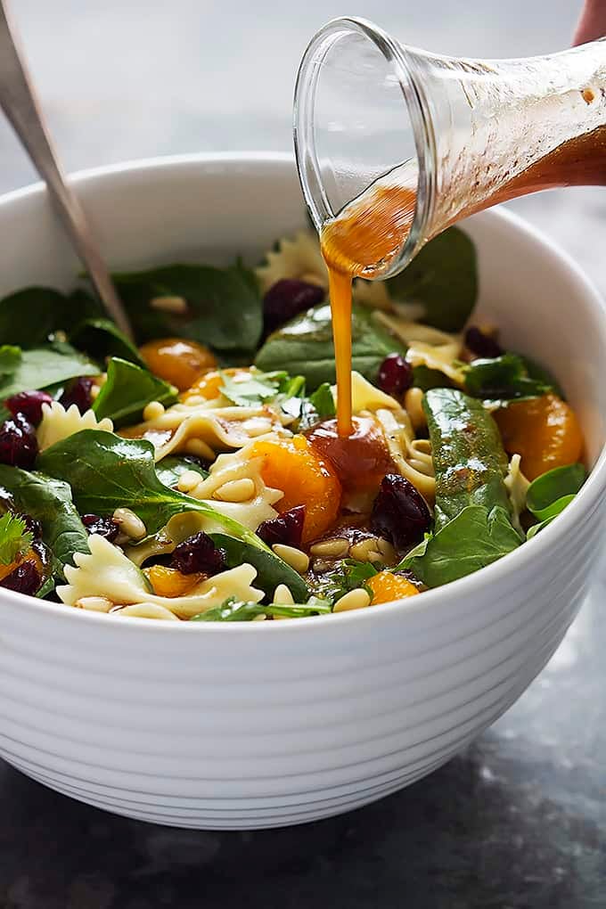 Mandarin Pasta Spinach Salad with Teriyaki Dressing | lecremedelacrumb.com