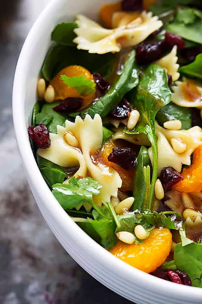 Mandarin Pasta Spinach Salad with Teriyaki Dressing | lecremedelacrumb.com