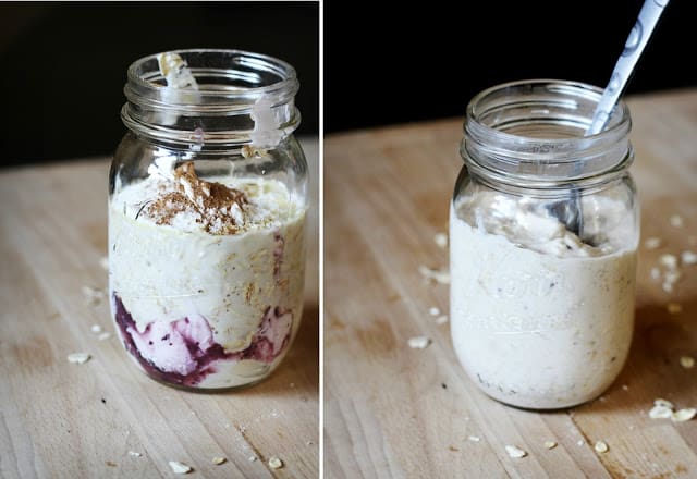 side by side image of blueberry muffin overnight oats in mason jar unmixed, and mixed together with a spoon.