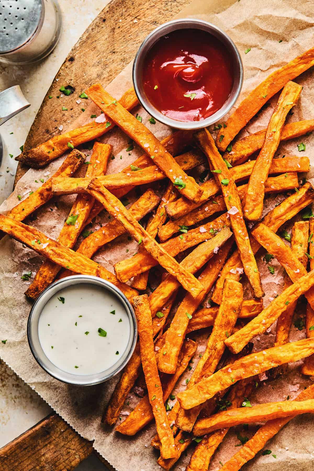 Overhead of air fryer sweet potato fries.