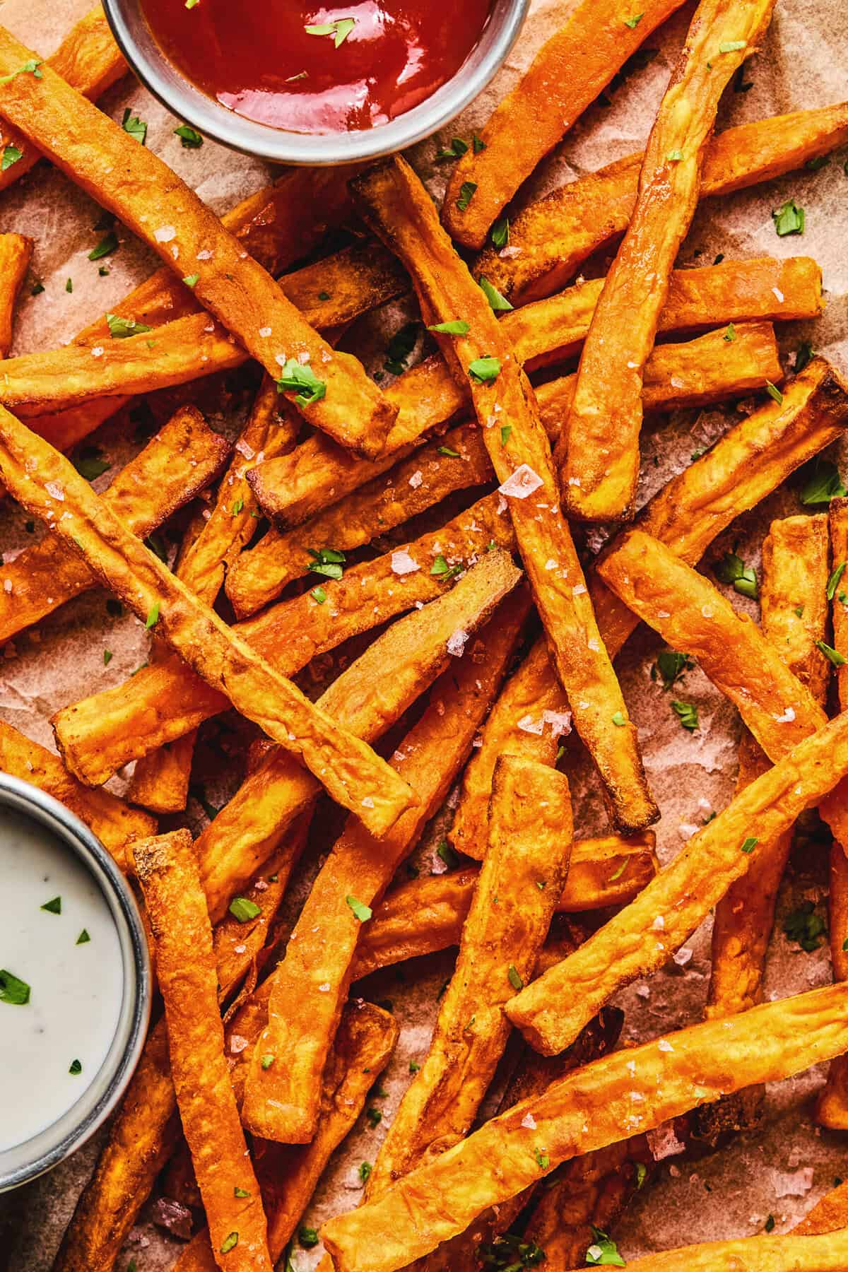 Overhead close up of sweet potato fries.