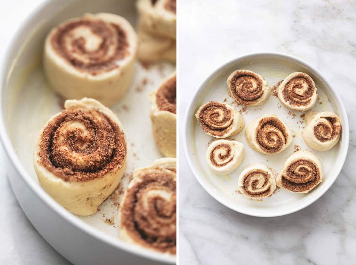 side by side images of unbaked cinnamon rolls in a round white dish.