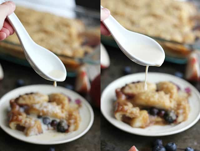 side by side images of someone putting vanilla maple cream sauce on a piece of blueberry peach cobbler crisp. 
