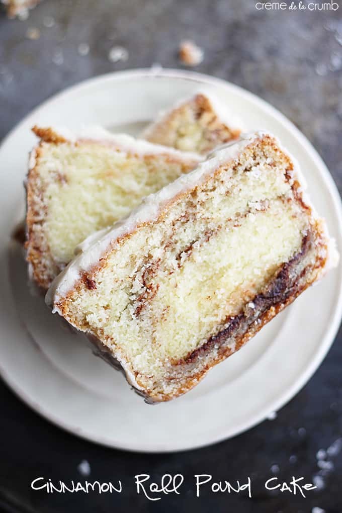 top view of three staked slices of pound cake on a small white plate. 