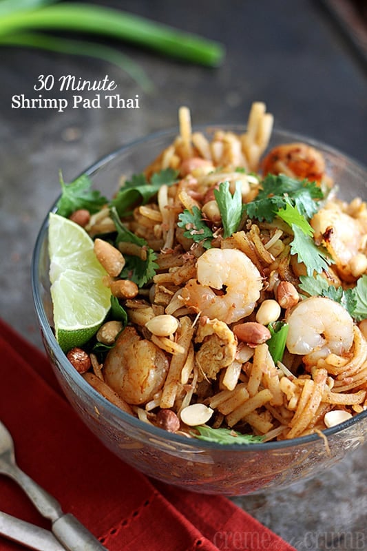 shrimp pad Thai in glass bowl.