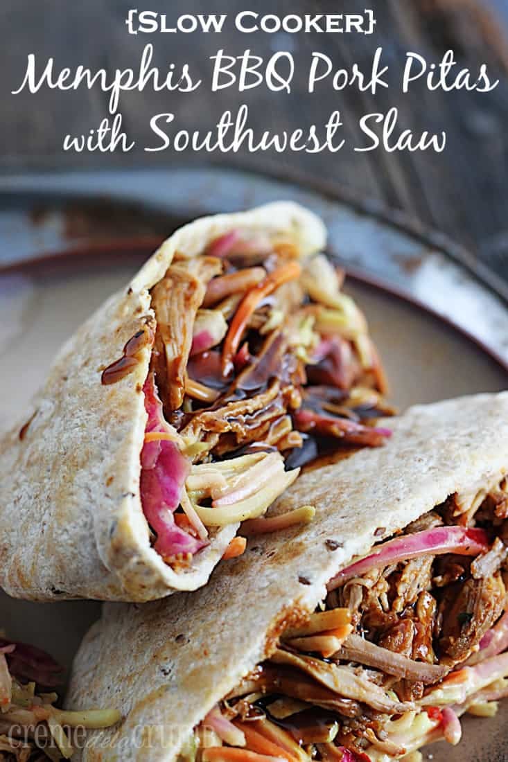 bbq pork pitas with slaw on a plate with the title written on the top of the image.