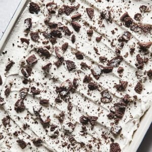Overhead close up of no bake Oreo ice cream dessert in a pan.