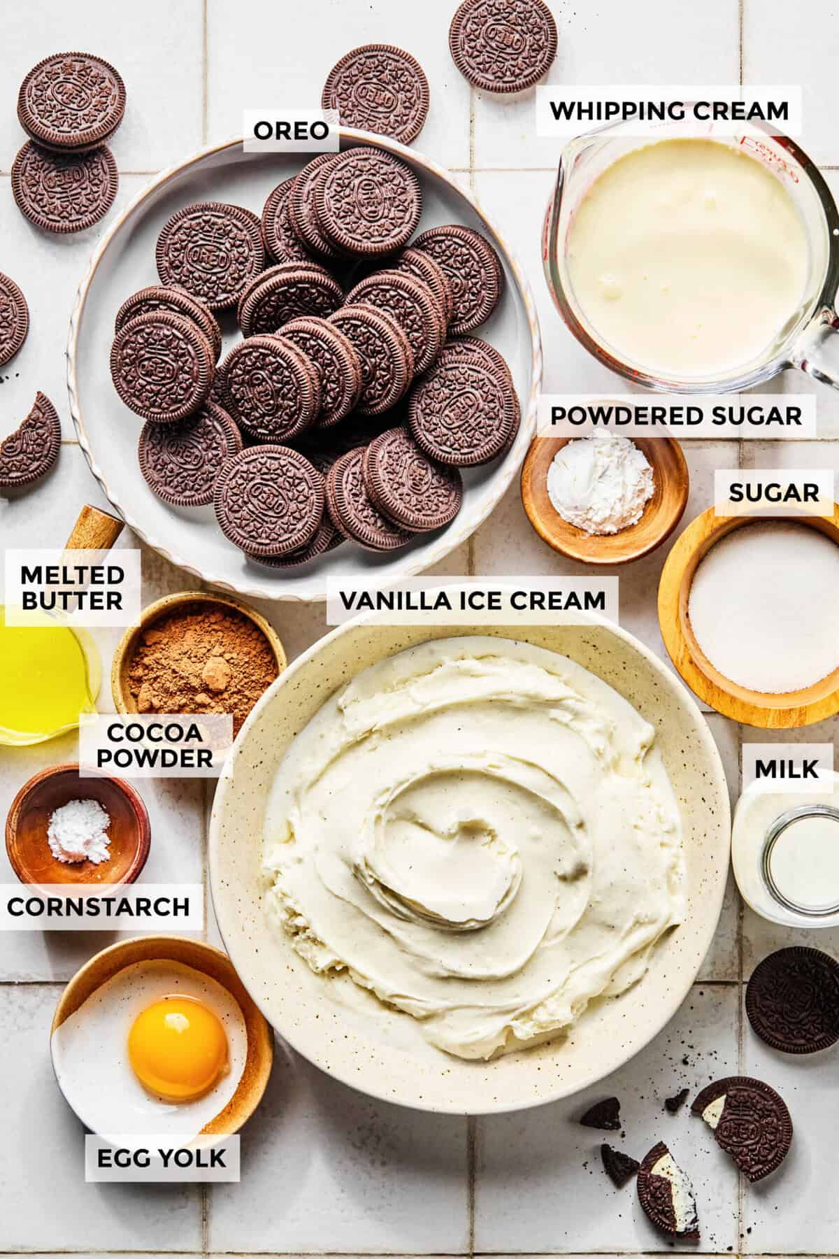 Ingredients for no bake Oreo ice cream dessert.