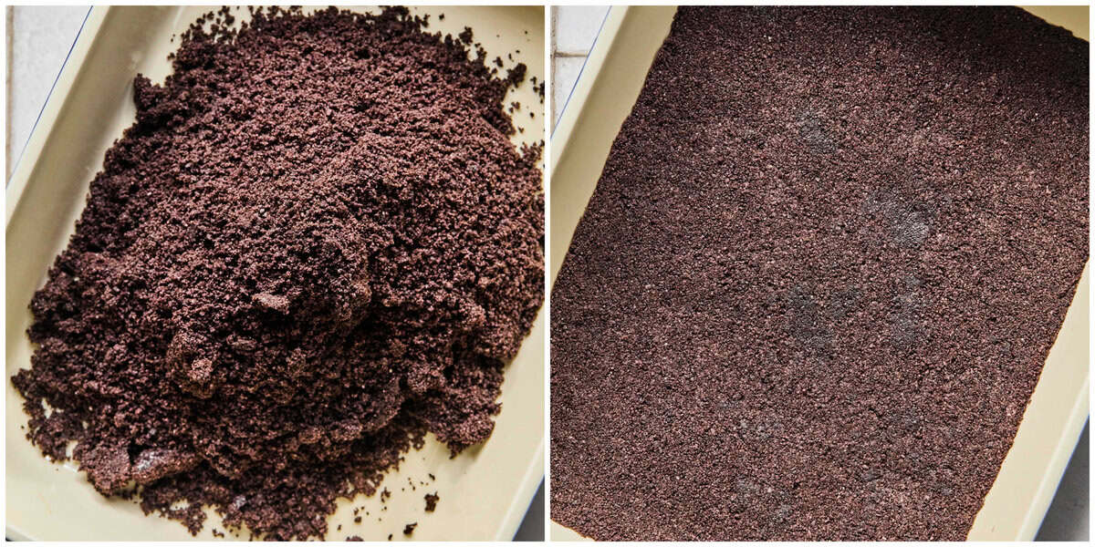 Step 1 for prepping no bake Oreo ice cream dessert.