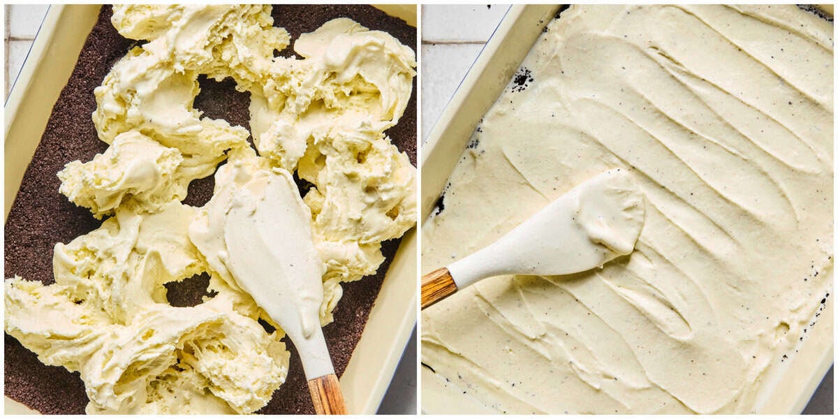 Step 2 for prepping no bake Oreo ice cream dessert.