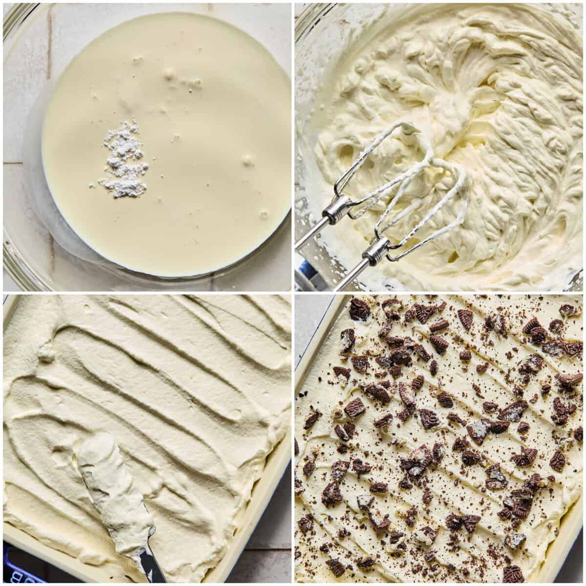 Step 5 for prepping no bake Oreo ice cream dessert.