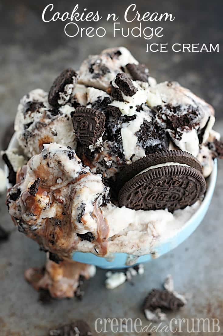 Cookies n Cream Oreo Fudge Ice Cream (No Machine!) top view of ice cream in a small blue bowl with title on the top of the image.