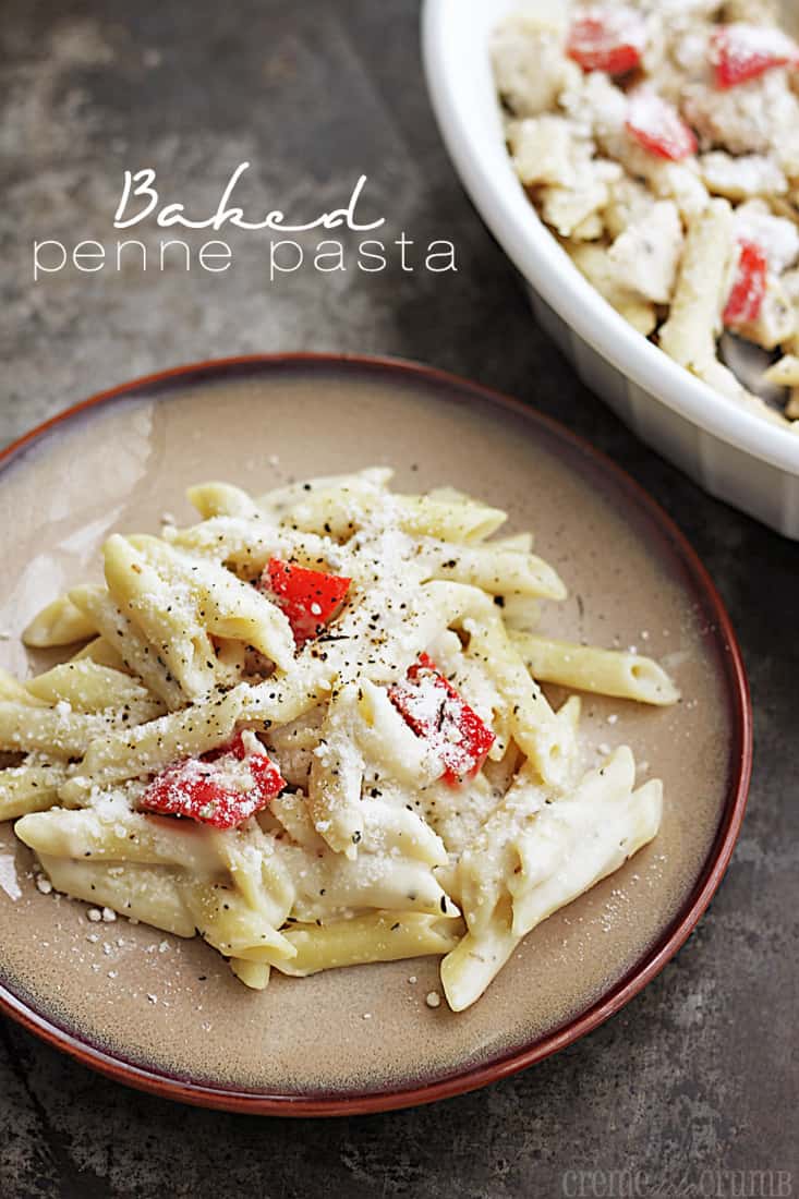  baked penne pasta on a plate with the title written on the top left side of the image.