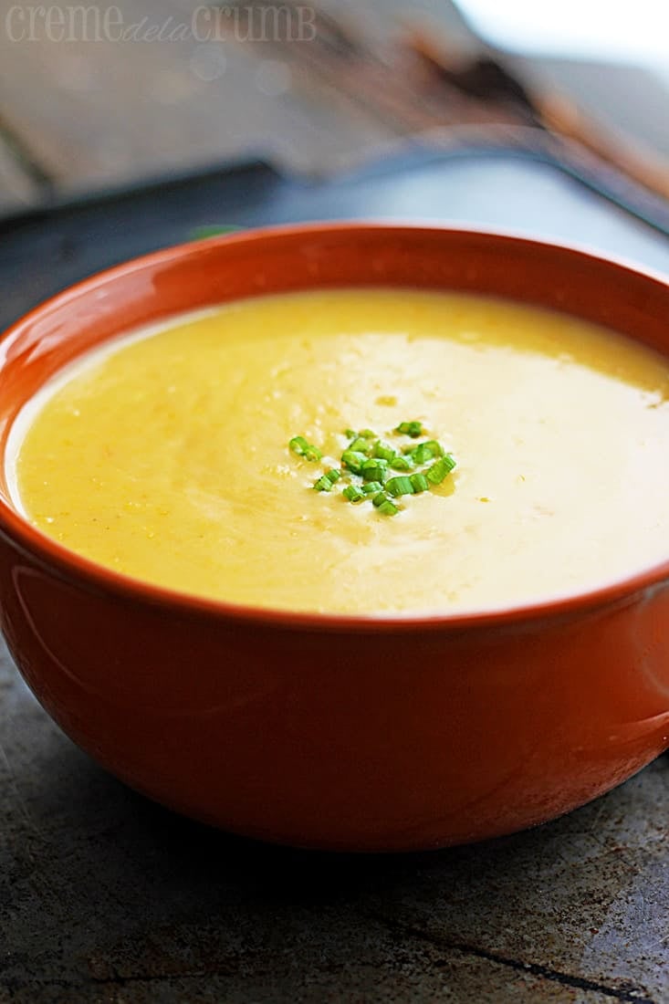 bowl of soup on a baking sheet.