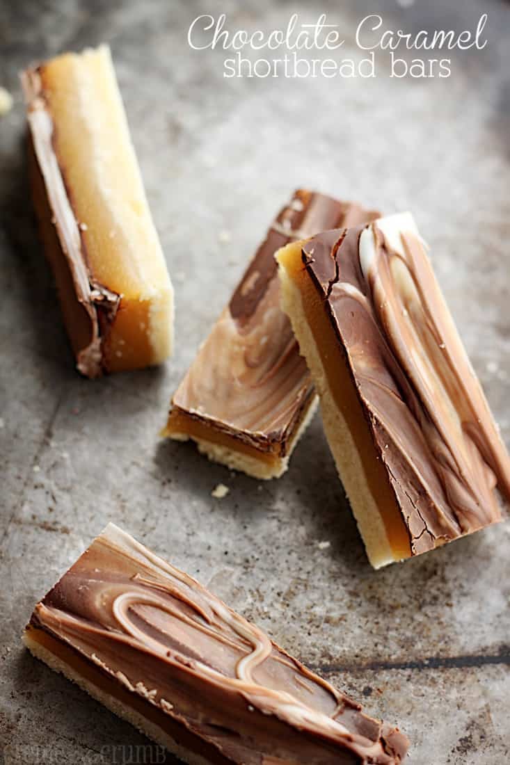 chocolate caramel shortbread bars with title written on the top right corner of the image.