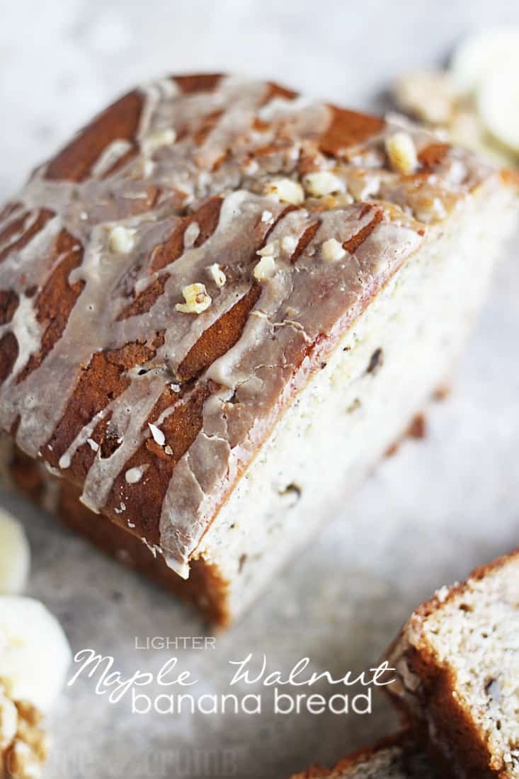 top view of maple walnut banana bread with the title written on the bottom of the image.