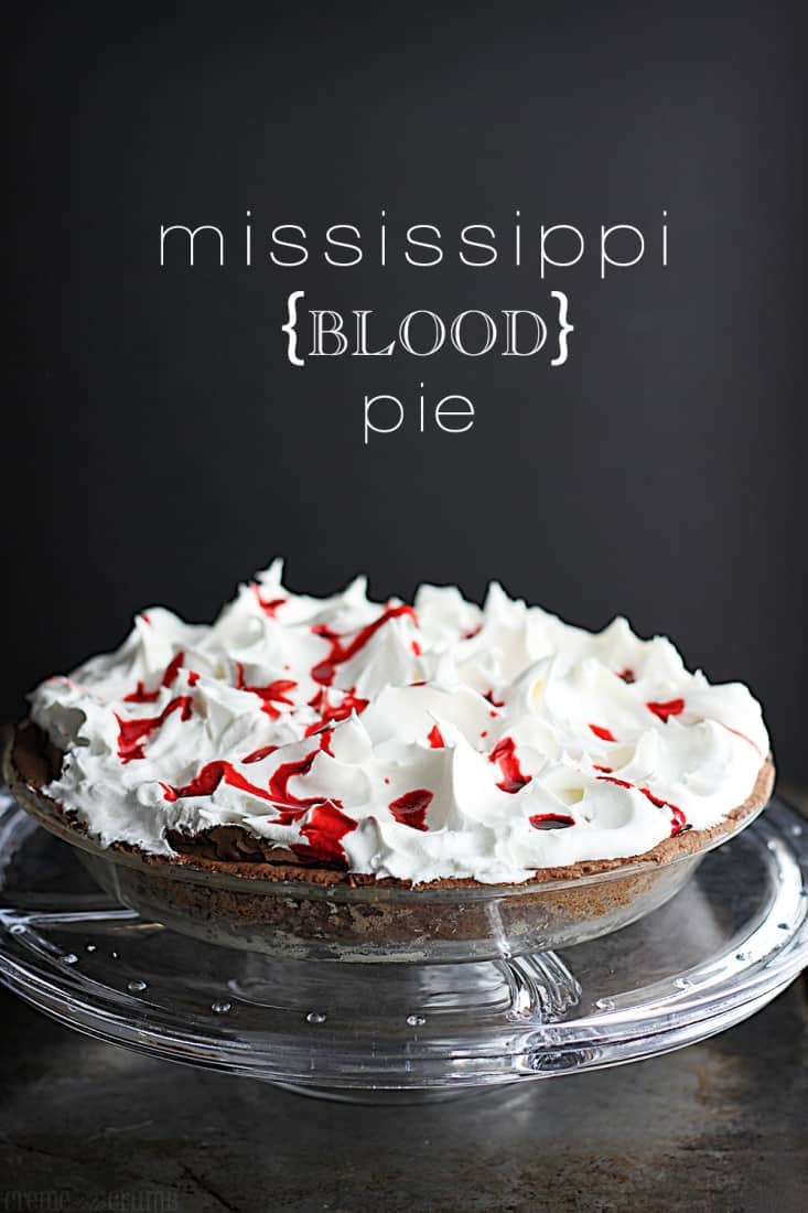 Mississippi blood pie on cake platter with the title on the top of the image.