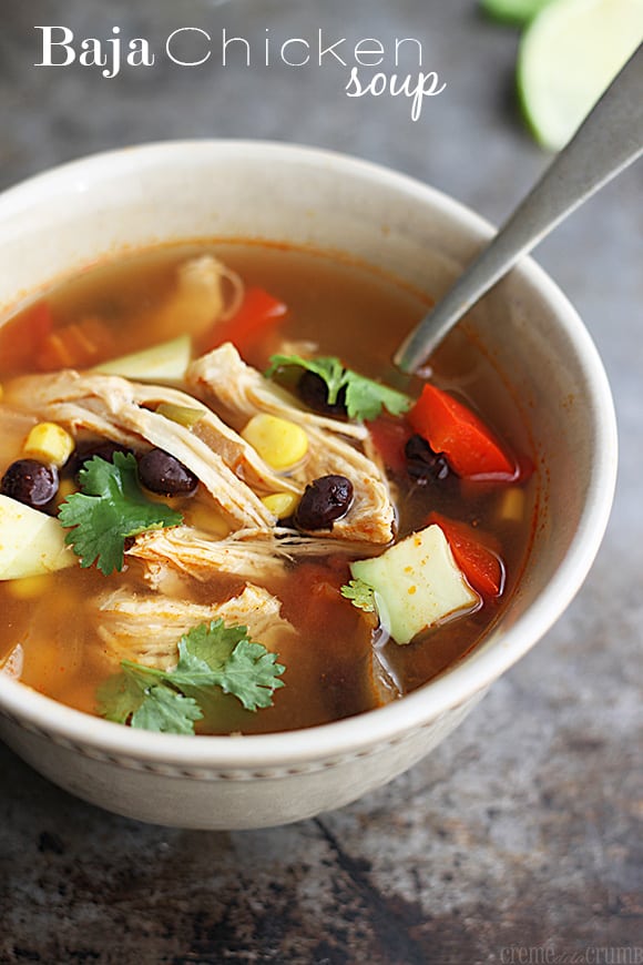 baja chicken soup in a bowl with spoon and the title written on the top left corner of image.
