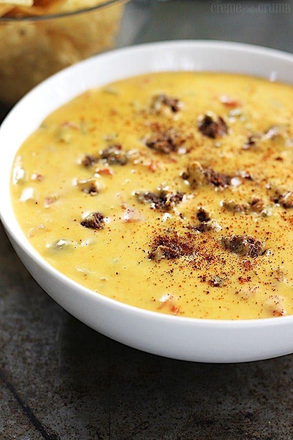 beef n' queso dip in a bowl.