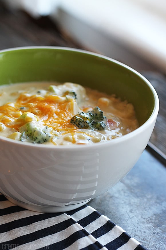 cheesy vegetable soup in a bowl.