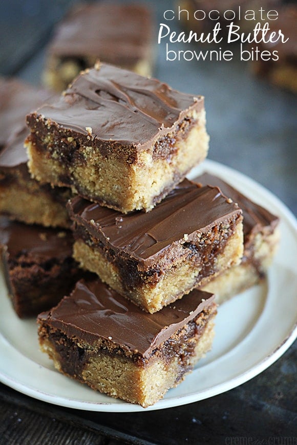chocolate peanut butter brownie bites on a plate with the title of the recipe on the top right corner of the image.