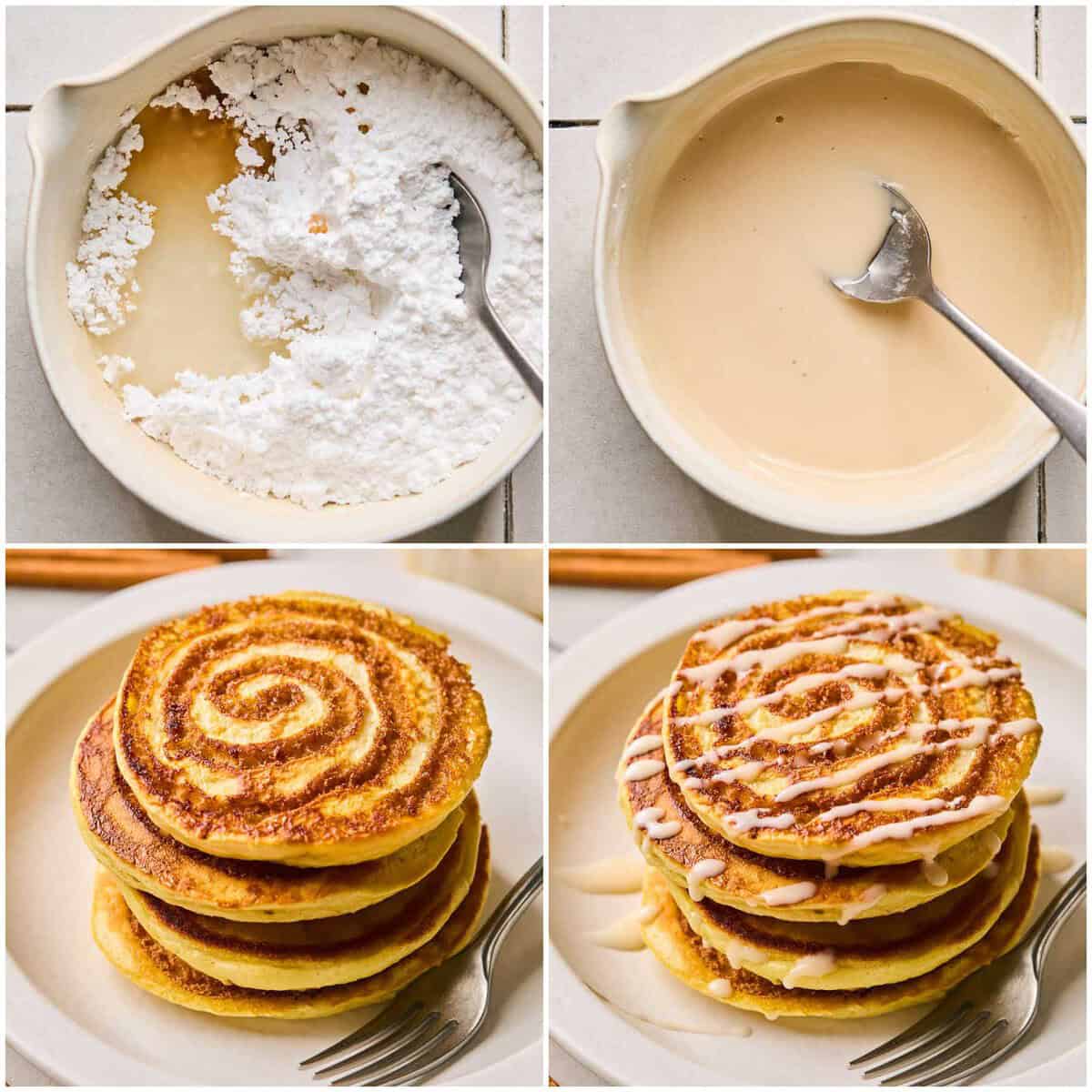 Steps 7-8 for making cinnamon roll pancakes.