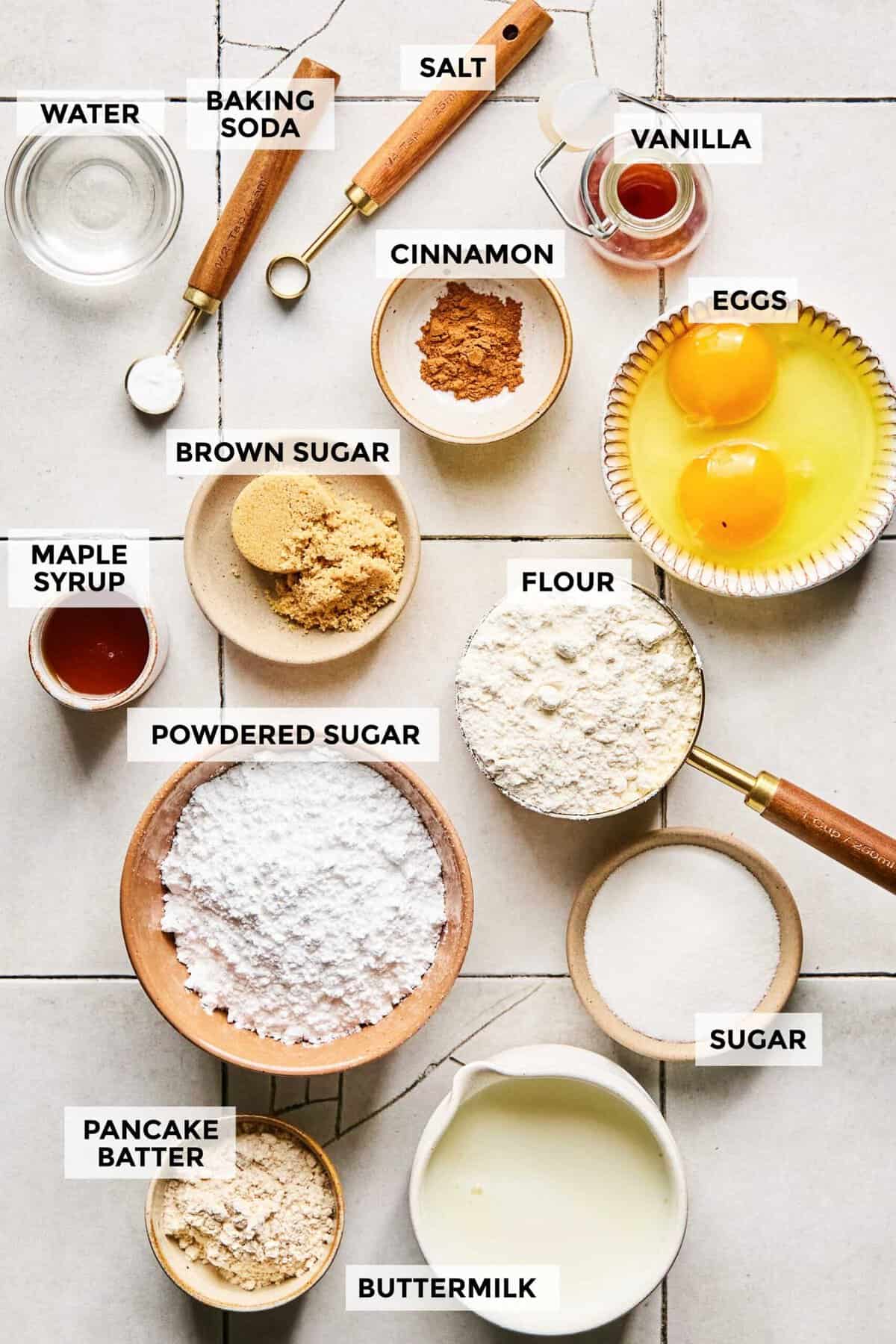 Ingredients for cinnamon roll pancakes.