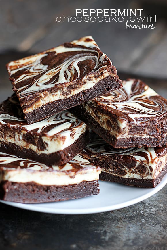 peppermint cheesecake swirl brownies on a plate with the title written on the top right of the image.