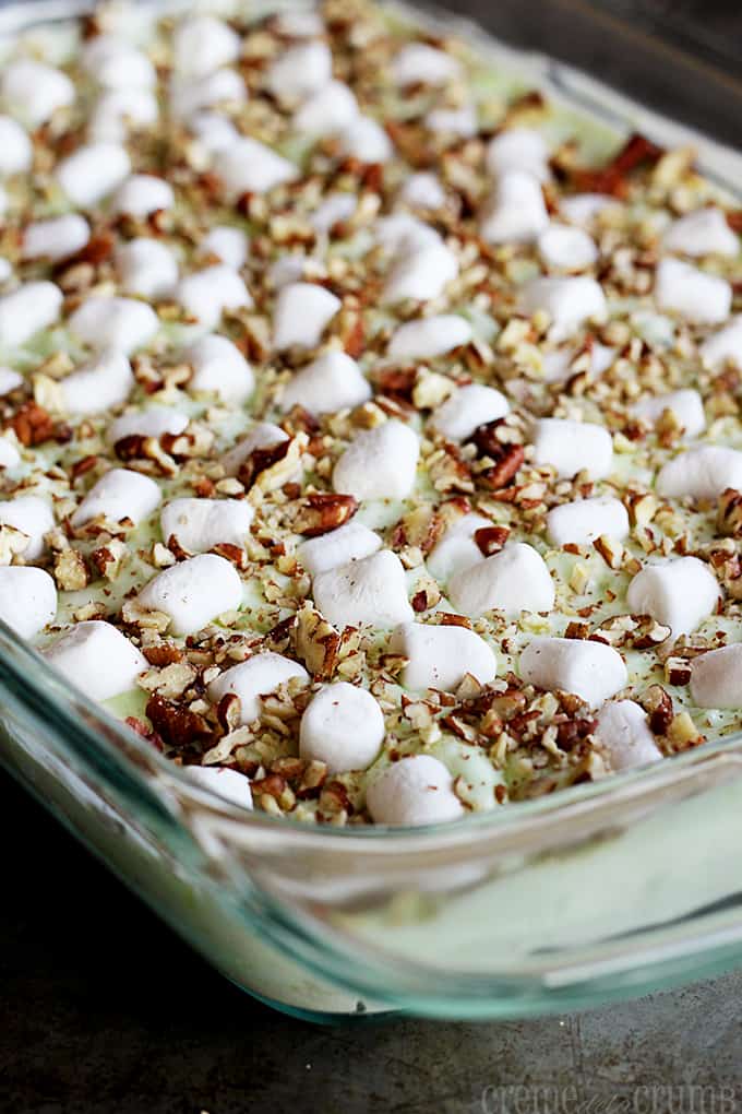 baking tray of pistachio pudding jello salad.