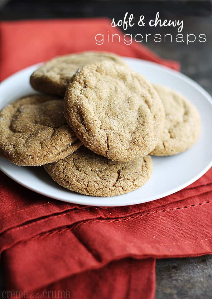 plate of gingersnaps on a red cloth napkin with the title of the recipe on the top right corner of the image.