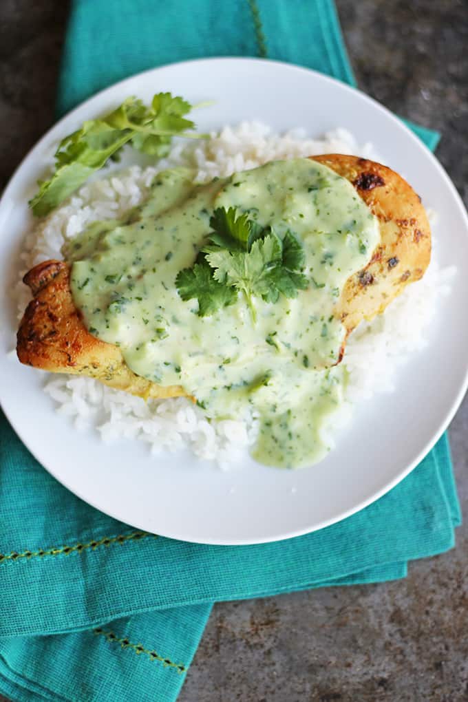 top view of tomatillo ranch chicken on rice on a plate on top of a blue cloth napkin.