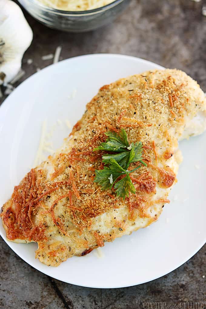 top view of garlic parmesan chicken on a plate.