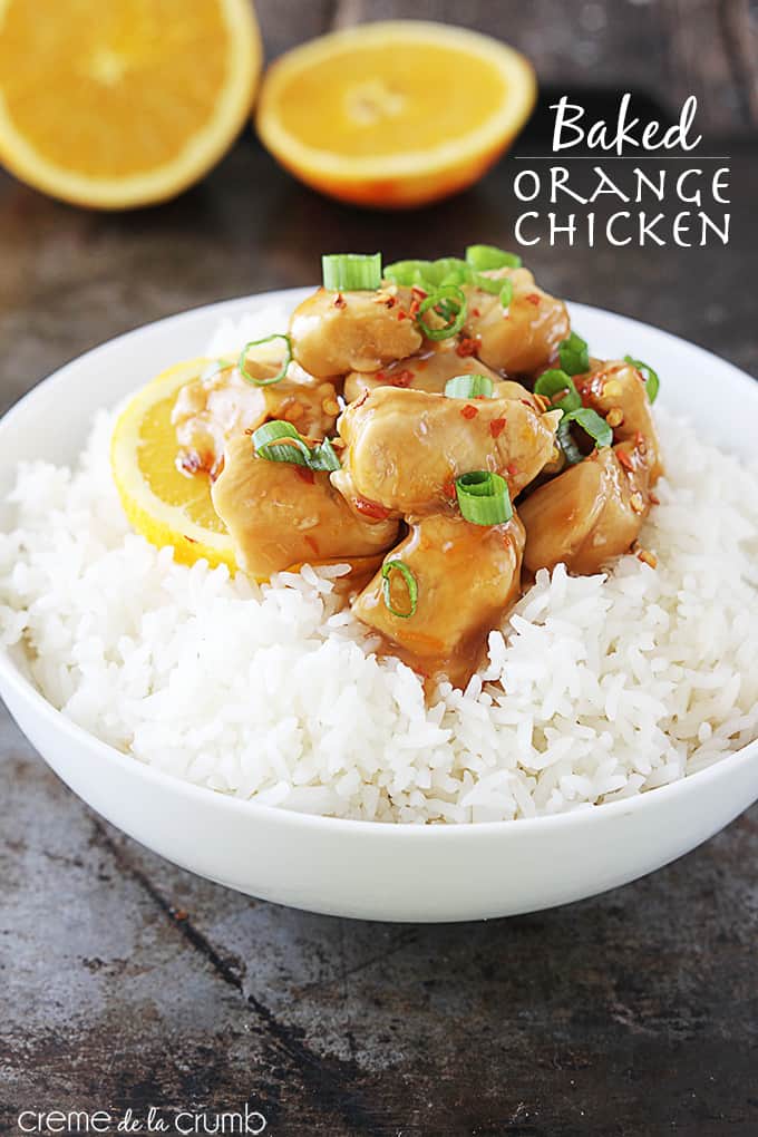 baked orange chicken on rice in a bowl with the title of the recipe written on the top right corner of the image.