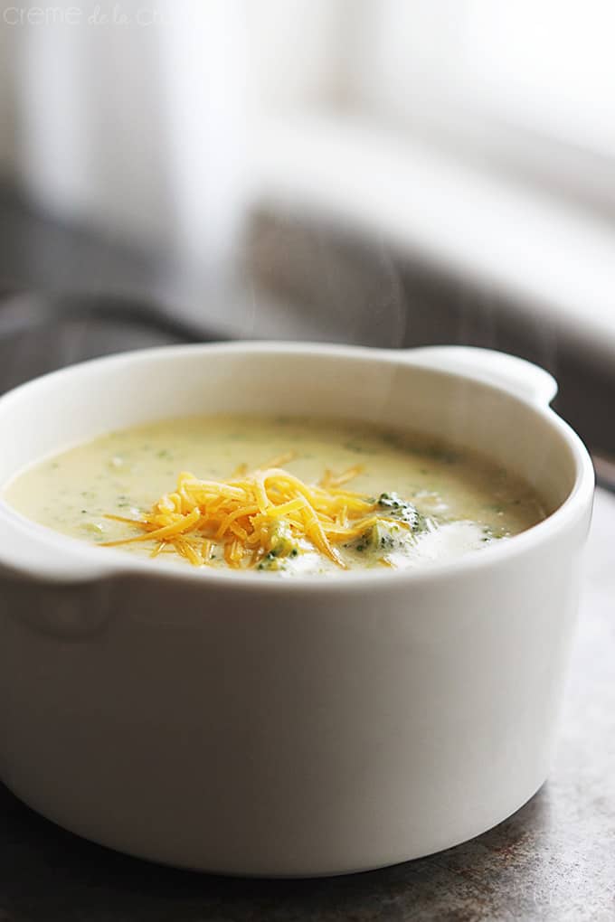 up close view of {copycat} Panera Bread cheddar broccoli soup in a bowl.