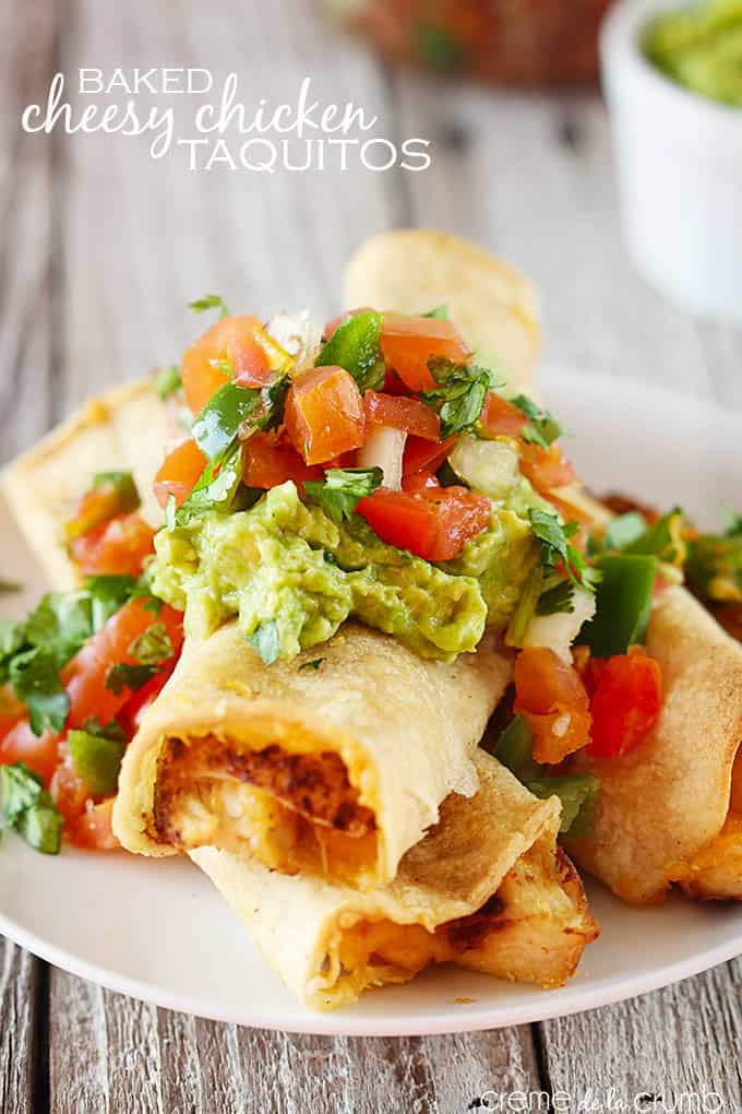 baked cheesy chicken taquitos on a plate with guacamole and pico de Gallo on top and the title of the recipe written on the top left corner of the image.