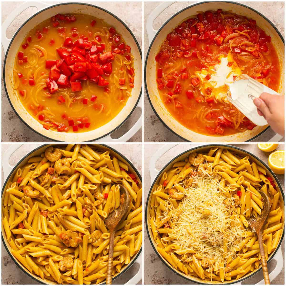 Steps 4-6 for prepping creamy Cajun shrimp pasta.