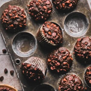 Overhead of chocolate muffins in a muffin tin.