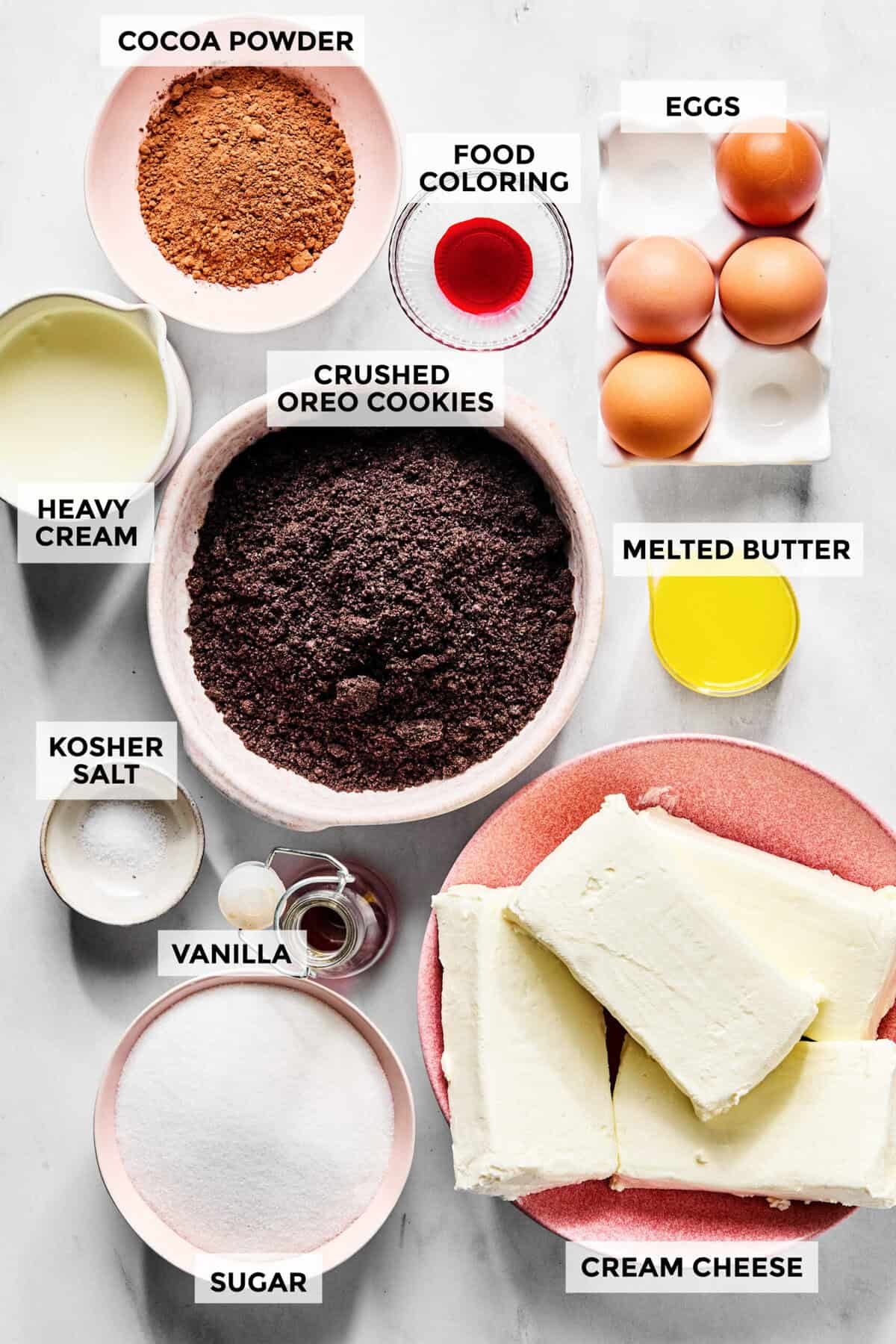 Ingredients for red velvet cheesecake.