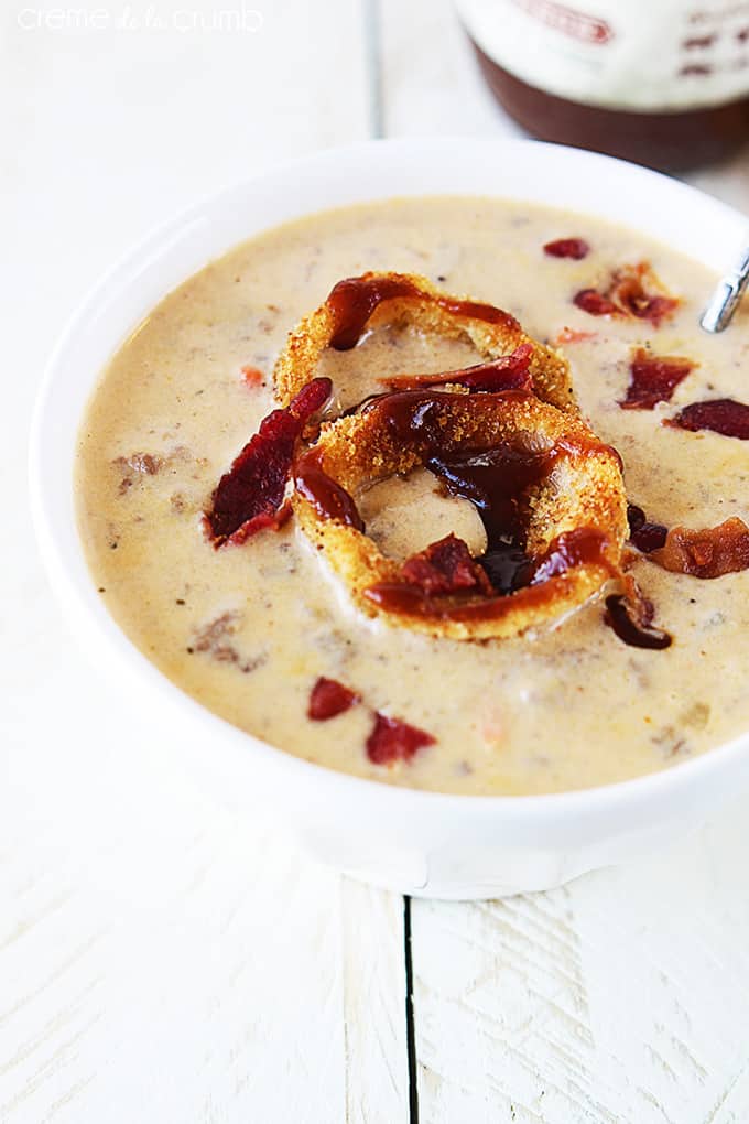 top view of western bacon cheeseburger soup in a bowl.