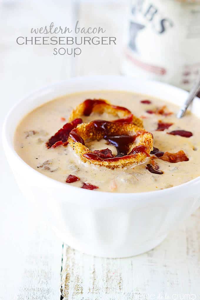 western bacon cheeseburger soup in a bowl with the title of the recipe written on the top left corner of the image.