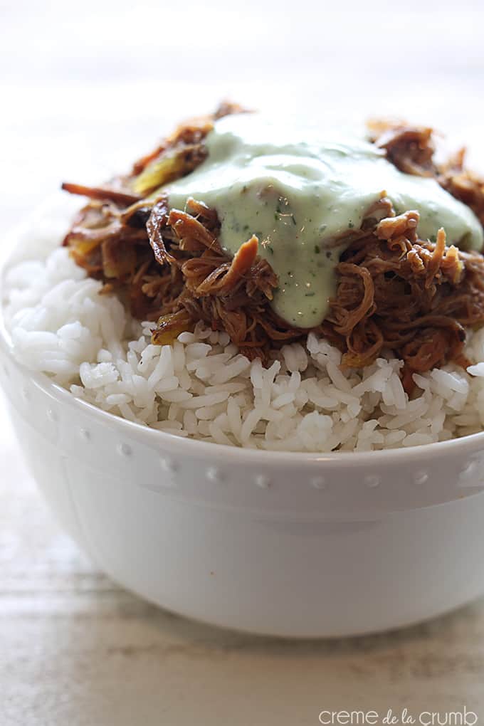 {copycat} Cafe Rio sweet pork on rice in a bowl with enchilada sauce on top.