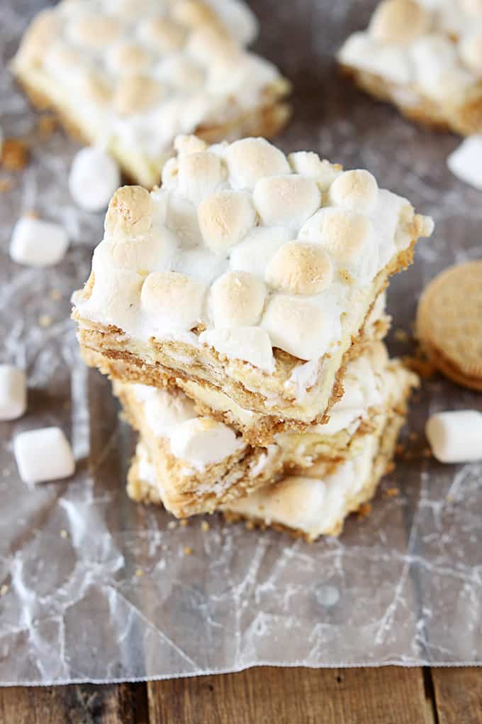 top view of stacked golden Oreo & toasted marshmallow cheesecake bars.