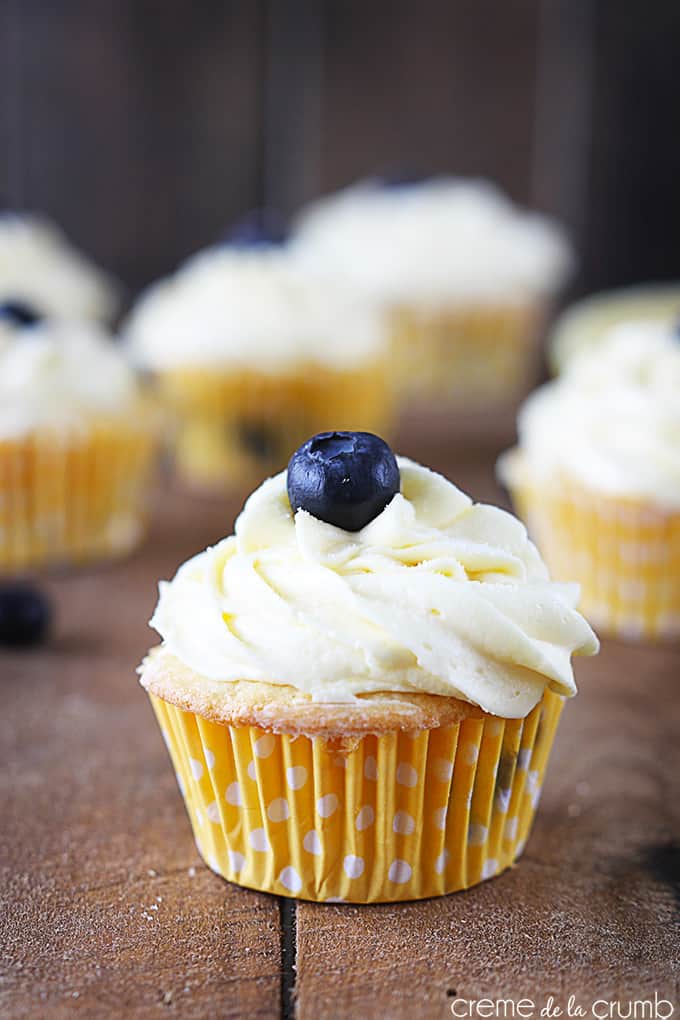 close up of a lemon blueberry cupcake topped with a blueberry with other cupcakes faded in the background.