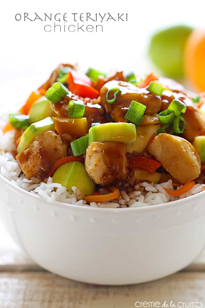 orange teriyaki chicken on rice in a bowl with the title of the recipe written on the top left corner of the image.