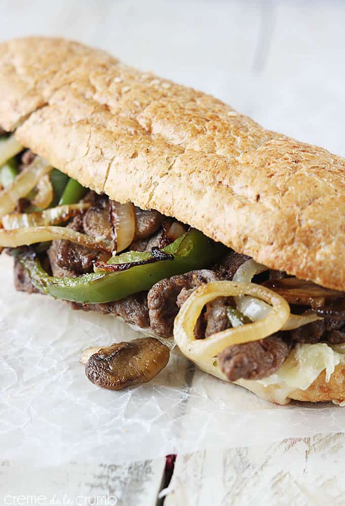 close up of a pepper-jack cheesesteak.