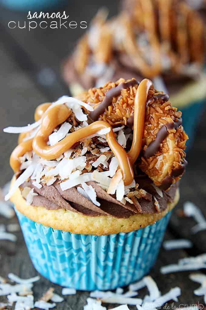a Samoas cupcake with the title of the recipe written on the top left corner of the image.