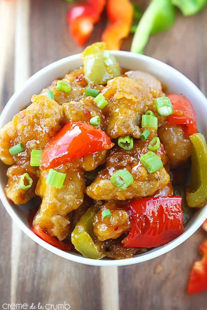 top view of Beijing beef in a bowl.