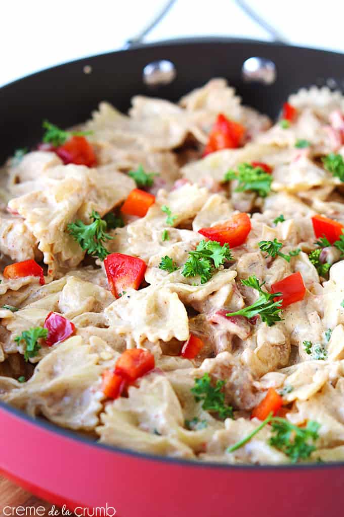 close up of Cajun chicken pasta skillet in a skillet.