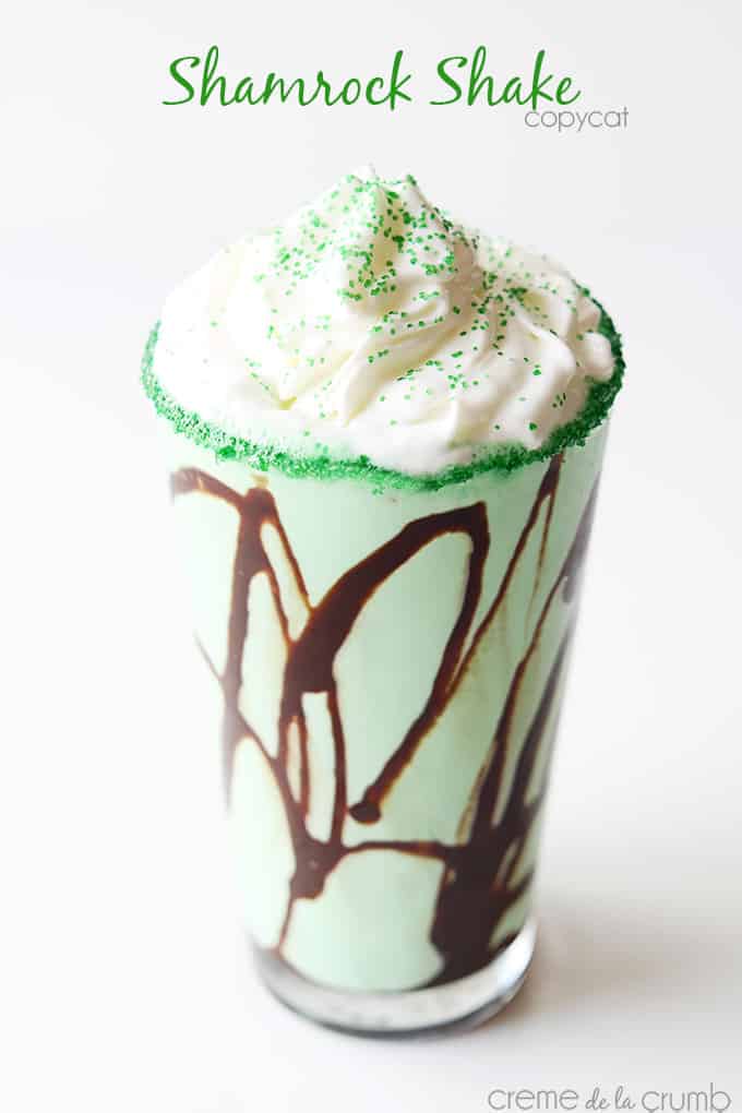 McDonald's copycat shamrock shake in a glass with the title of the recipe written on the top middle of the image.