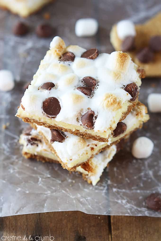 top view of stacked S'mores cheesecake bars.